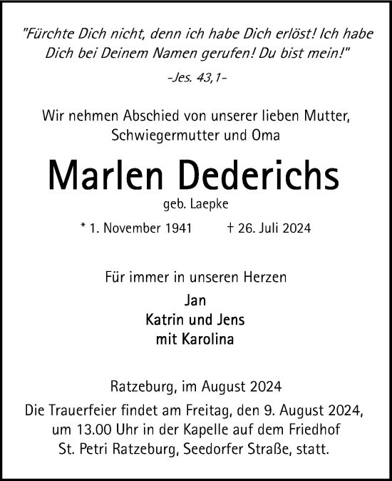 Traueranzeige von Marlen Dederichs von Norddeutsche Rundschau, Wilstersche Zeitung, Glückstädter Fortuna