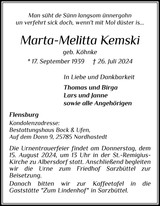 Traueranzeige von Marta-Melitta Kemski von Flensburger Tageblatt