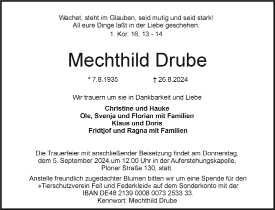 Traueranzeige von Mechthild Drube von Holsteinischer Courier