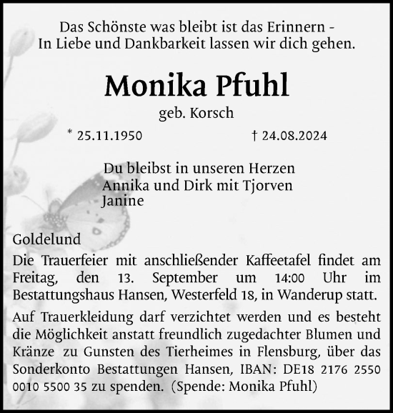 Traueranzeige von Monika Pfuhl von Region Flensburg