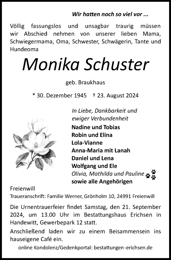 Traueranzeige von Monika Schuster von Flensburger Tageblatt