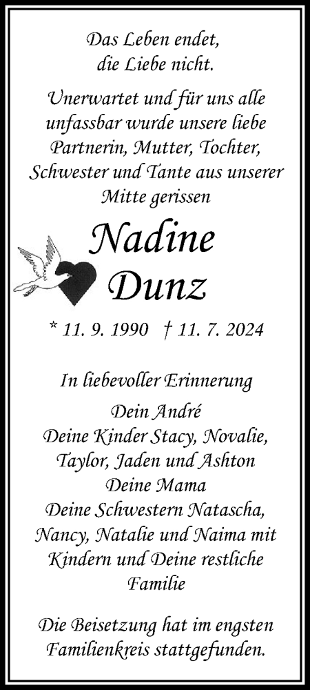 Traueranzeige von Nadine Dunz von Stormaner Tageblatt