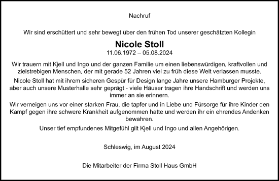 Traueranzeige von Nicole Stoll von Schleswiger Nachrichten, Schlei-Bote