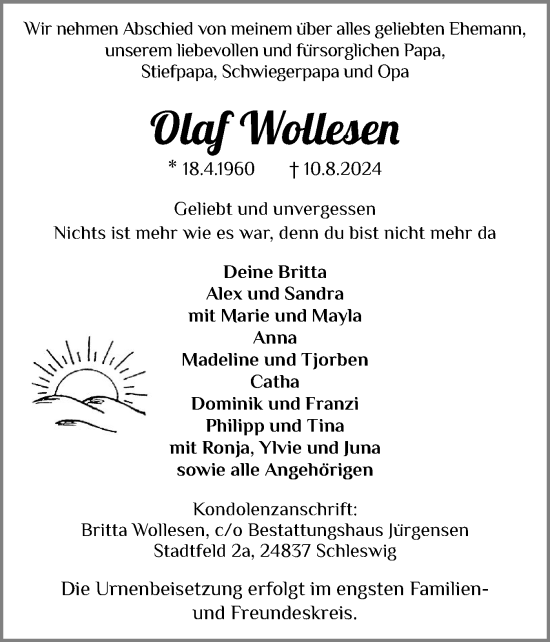 Traueranzeige von Olaf Wollesen von Schleswiger Nachrichten, Schlei-Bote