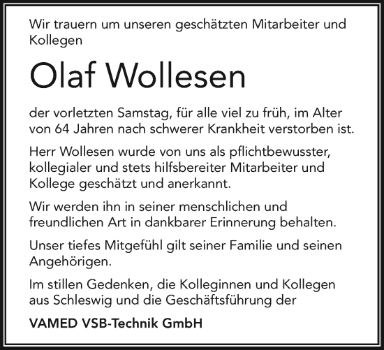 Traueranzeige von Olaf Wollesen von Schleswiger Nachrichten, Schlei-Bote