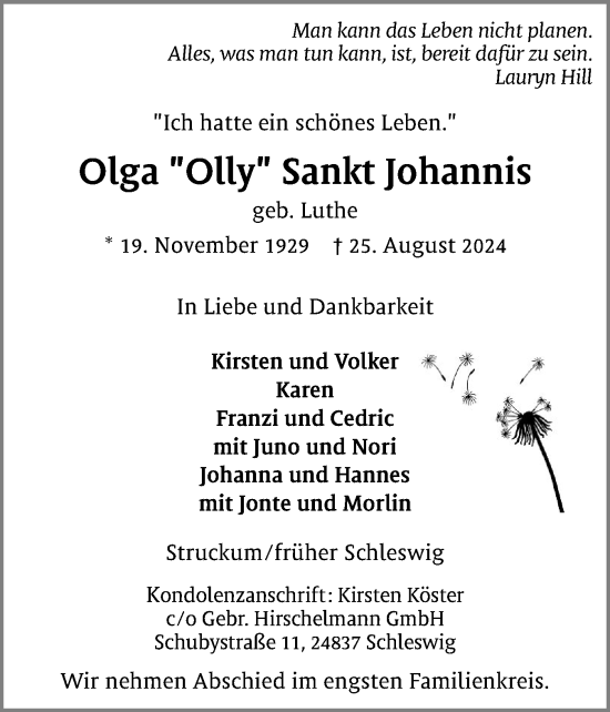 Traueranzeige von Olga Sankt Johannis von Schleswiger Nachrichten, Schlei-Bote