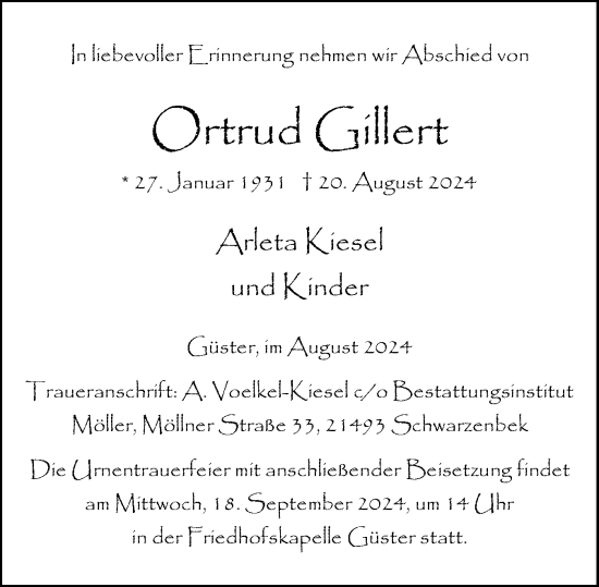 Traueranzeige von Ortrud Gillert von Wedel-Schulauer Tageblatt, tip Wedel-Schulauer Tageblatt, tip Rissener Rundschau