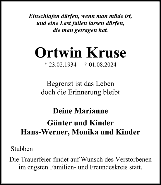 Traueranzeige von Ortwin Kruse von Stormaner Tageblatt