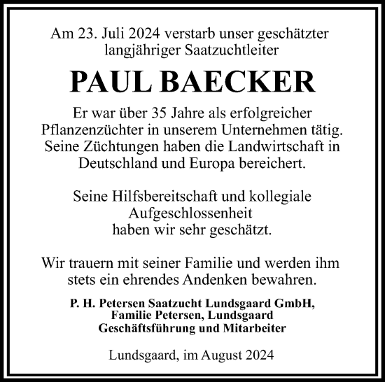 Traueranzeige von Paul Baecker von Flensburger Tageblatt