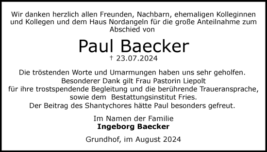 Traueranzeige von Paul Baecker von Flensburger Tageblatt
