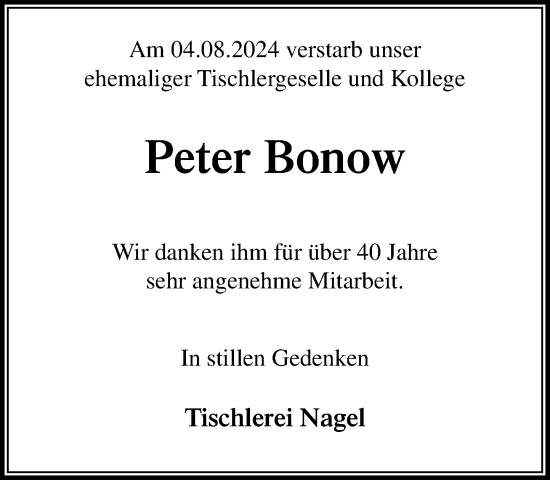 Traueranzeige von Peter Bonow von Stormaner Tageblatt
