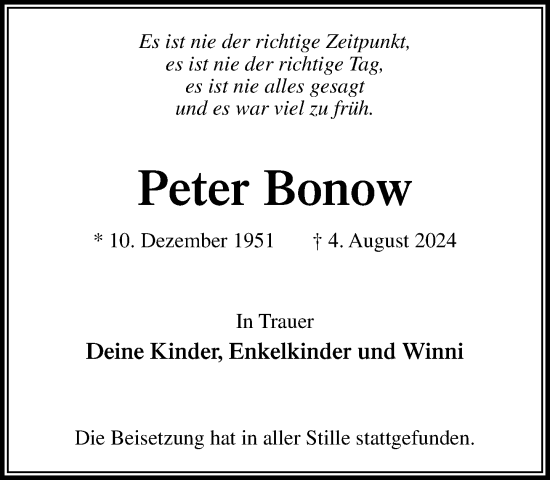 Traueranzeige von Peter Bonow von Stormaner Tageblatt