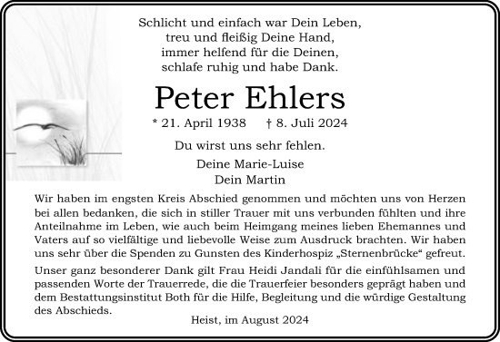Traueranzeige von Peter Ehlers von Uetersener Nachrichten, Der tip am Wochenende