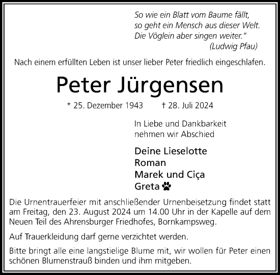 Traueranzeige von Peter Jürgensen von Stormaner Tageblatt