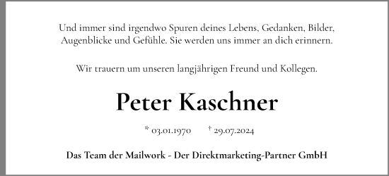 Traueranzeige von Peter Kaschner von Schleswig-Holsteinische Landeszeitung