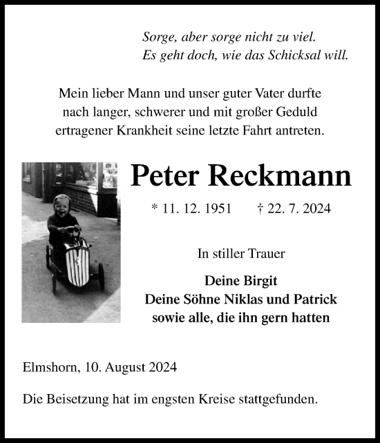 Traueranzeige von Peter Reckmann von Elmshorner Nachrichten, Barmstedter Zeitung