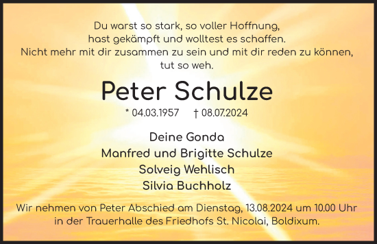 Traueranzeige von Peter Schulze von Der Insel-Bote