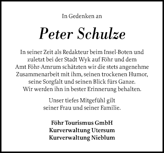 Traueranzeige von Peter Schulze von Der Insel-Bote