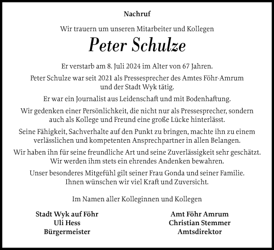 Traueranzeige von Peter Schulze von Der Insel-Bote