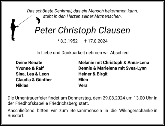 Traueranzeige von Peter Christoph Clausen von Schleswiger Nachrichten, Schlei-Bote