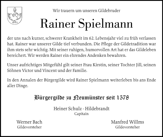 Traueranzeige von Rainer Spielmann von Holsteinischer Courier