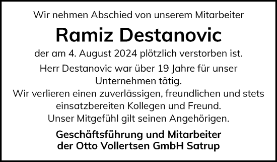 Traueranzeige von Ramiz Destanovic von Flensburger Tageblatt, Schleswiger Nachrichten, Schlei-Bote