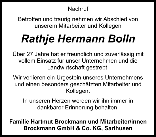 Traueranzeige von Rathje Hermann Bolln von Schleswig-Holsteinische Landeszeitung