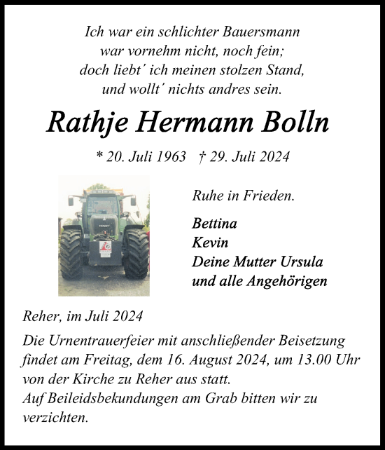 Traueranzeige von Rathje Hermann Bolln von Norddeutsche Rundschau, Wilstersche Zeitung, Glückstädter Fortuna