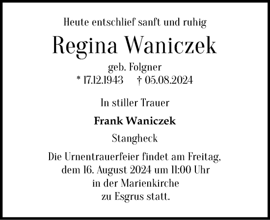 Traueranzeige von Regina Waniczek von Schleswiger Nachrichten, Schlei-Bote