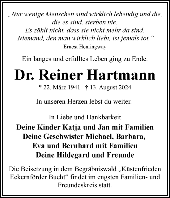 Traueranzeige von Reiner Hartmann von Eckernförder Zeitung, Hallo Eckernförde
