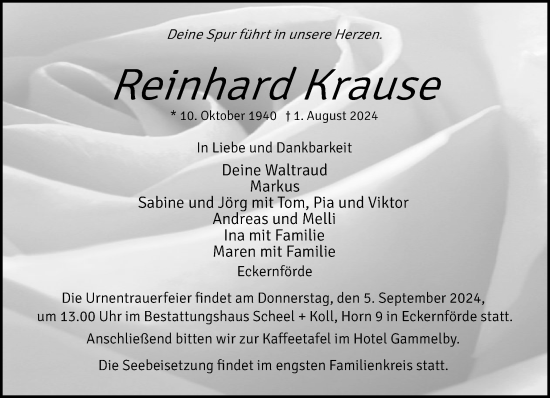 Traueranzeige von Reinhard Krause von Eckernförder Zeitung, Hallo Eckernförde
