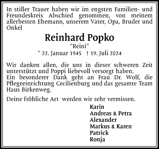 Traueranzeige von Reinhard Popko von Uetersener Nachrichten, Der tip am Wochenende
