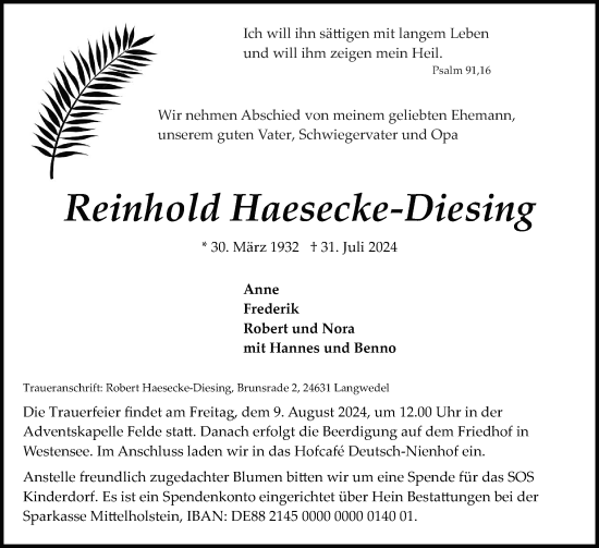 Traueranzeige von Reinhold Haesecke-Diesing von Schleswig-Holsteinische Landeszeitung