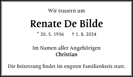 Traueranzeige von Renate De Bilde von Region Pinneberg und tip Pinneberg