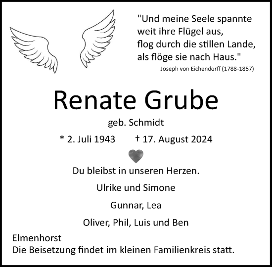 Traueranzeige von Renate Grube von Stormaner Tageblatt