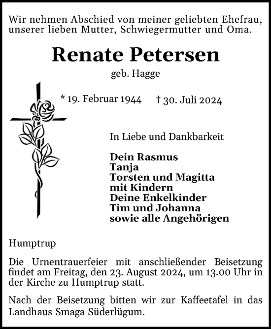 Traueranzeige von Renate Petersen von Husumer Nachrichten, Nordfriesland Tageblatt