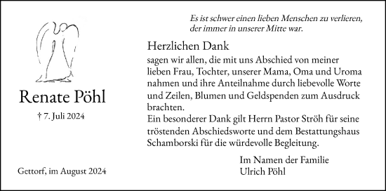 Traueranzeige von Renate Pöhl von Eckernförder Zeitung, Hallo Eckernförde