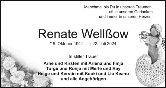 Traueranzeige von Renate Wellßow von Holsteinischer Courier