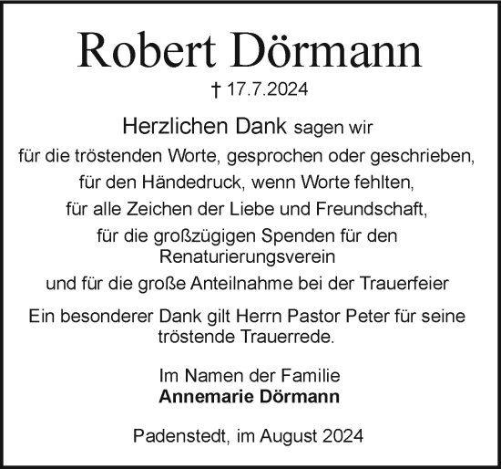 Traueranzeige von Robert Dörmann von Holsteinischer Courier