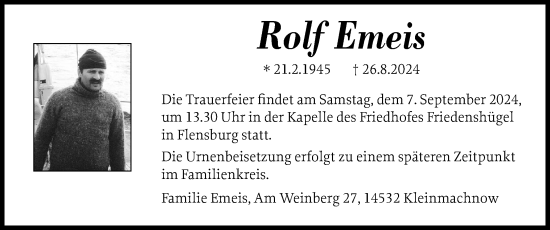 Traueranzeige von Rolf Emeis von Flensburger Tageblatt
