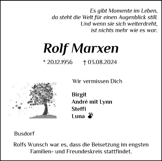 Traueranzeige von Rolf Marxen von Schleswiger Nachrichten, Schlei-Bote