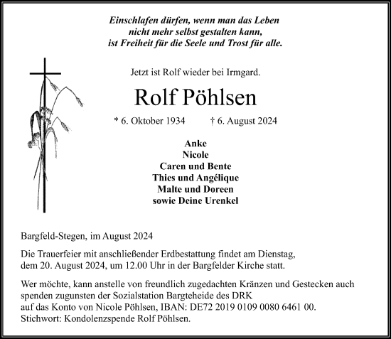 Traueranzeige von Rolf Pöhlsen von Stormaner Tageblatt