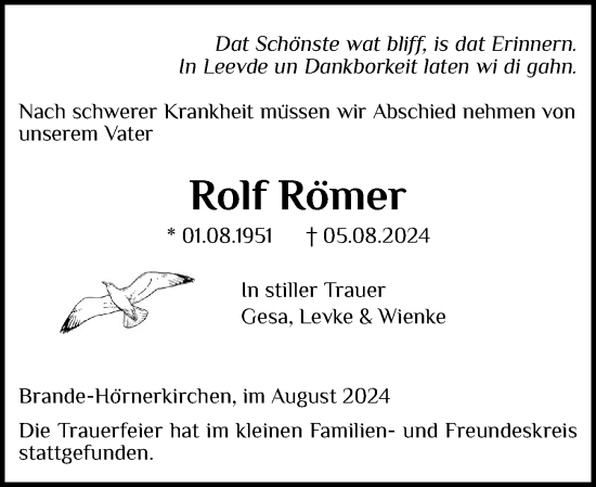 Traueranzeige von Rolf Römer von Elmshorner Nachrichten, Barmstedter Zeitung