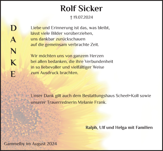 Traueranzeige von Rolf Sicker von Eckernförder Zeitung, Hallo Eckernförde