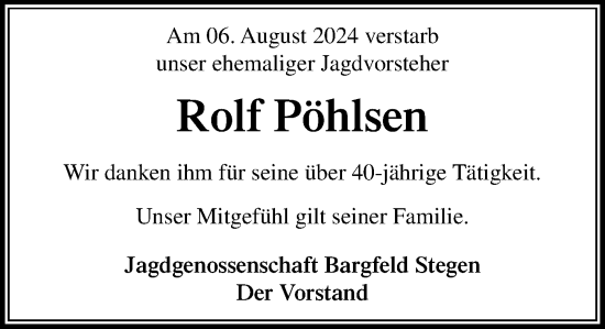 Traueranzeige von RolfPöhlsen Pöhlsen von Stormaner Tageblatt