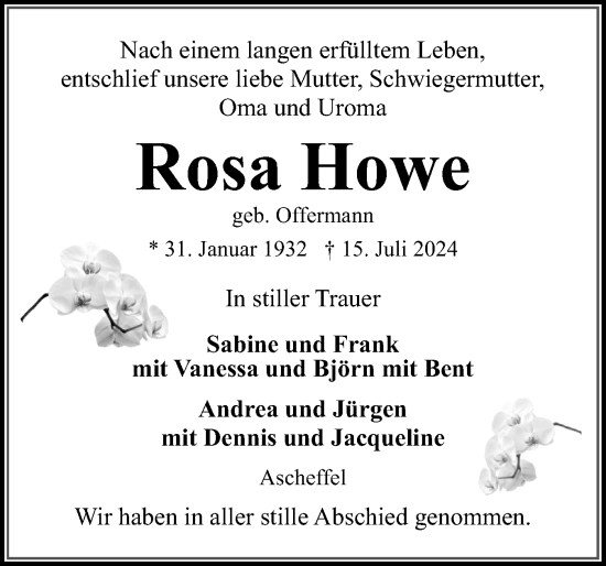 Traueranzeige von Rosa Howe von Eckernförder Zeitung, Hallo Eckernförde