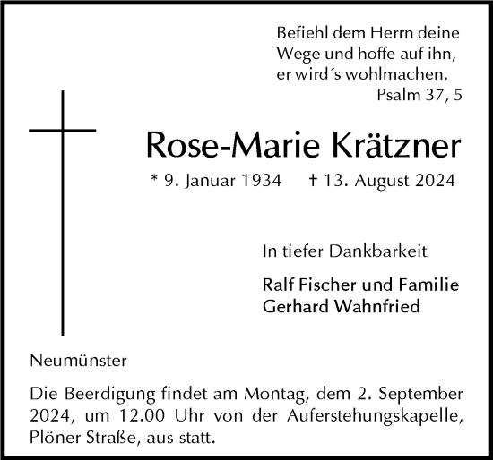 Traueranzeige von Rose-Marie Krätzner von Holsteinischer Courier