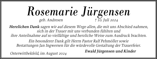 Traueranzeige von Rosemarie Jürgensen von Husumer Nachrichten, Nordfriesland Tageblatt