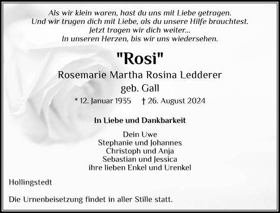 Traueranzeige von Rosemarie Martha Rosina Ledderer von Schleswiger Nachrichten, Schlei-Bote
