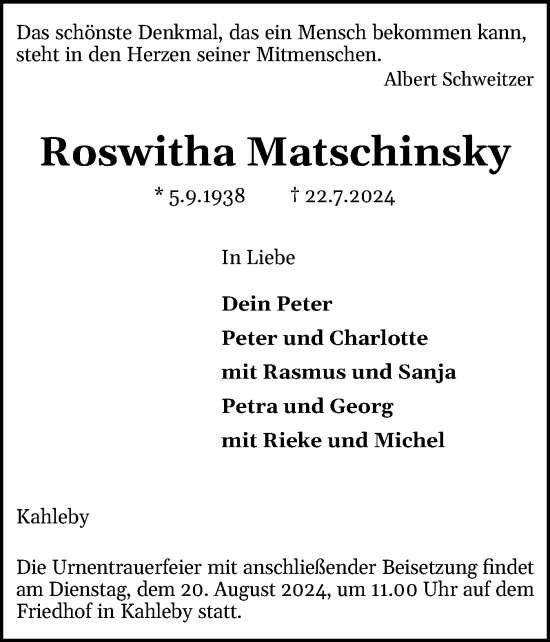Traueranzeige von Roswitha Matschinsky von Schleswiger Nachrichten, Schlei-Bote